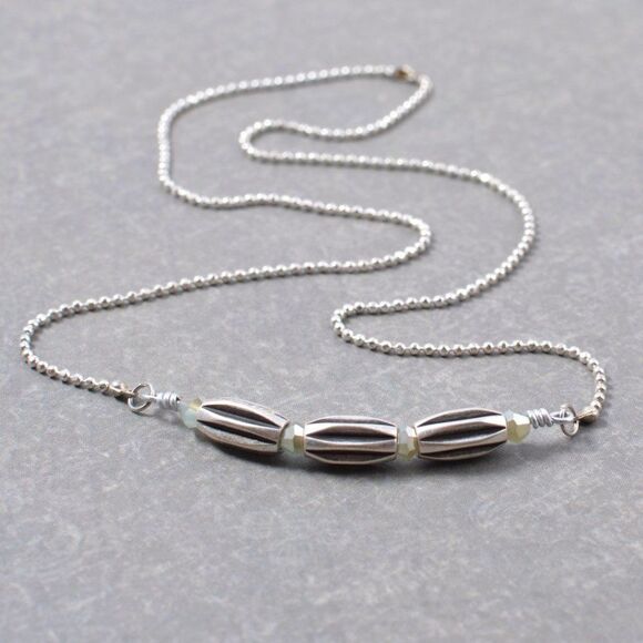 Silver Bar Necklace with Three Tubular Rice Beads - Picture 3 of 5